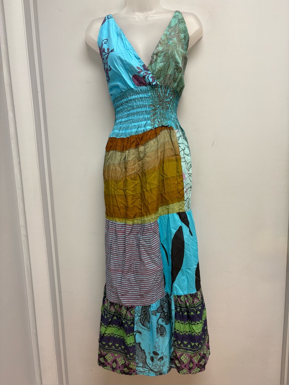 Ashley Taylor Patchwork Boho Maxi Dress Sleeveless Smocked Waist 100% Cotton M